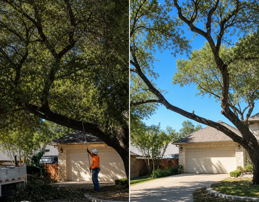 Before and after view of a front-yard shade tree trimmed for driveway clearance