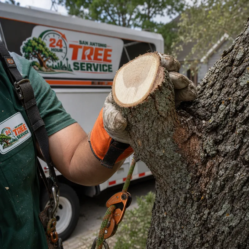 Proper pruning cut just outside the branch collar on a tree in a San Antonio residential setting