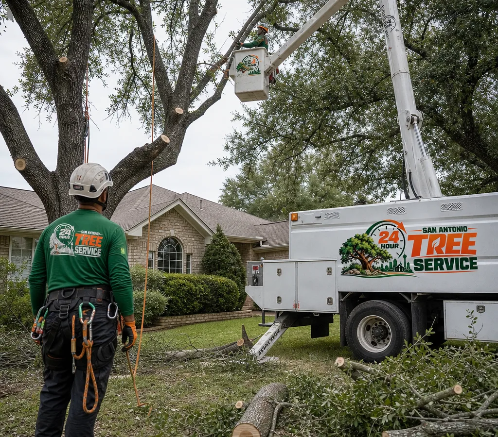 Arborist trimming shade trees in a San Antonio front yard using ropes and a bucket truck