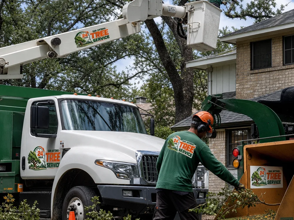 Bucket truck trimming branches away from a residential roofline with cones and chipping equipment in place