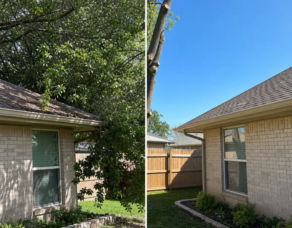 Before and after view of an overgrown backyard tree trimmed away from a roofline with debris removed