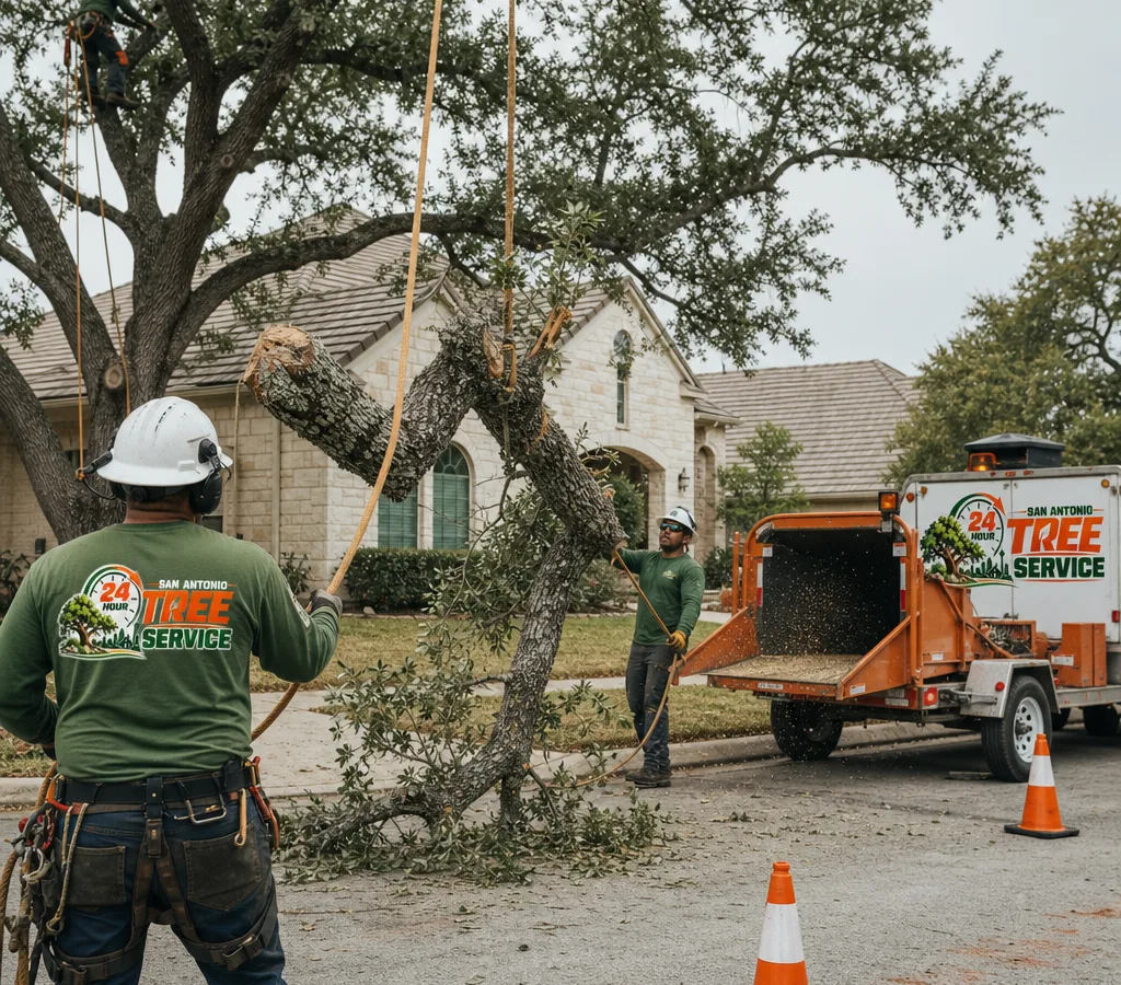 Crew in PPE lowering a large limb with ropes beside a San Antonio home with a chipper and safety cones visible