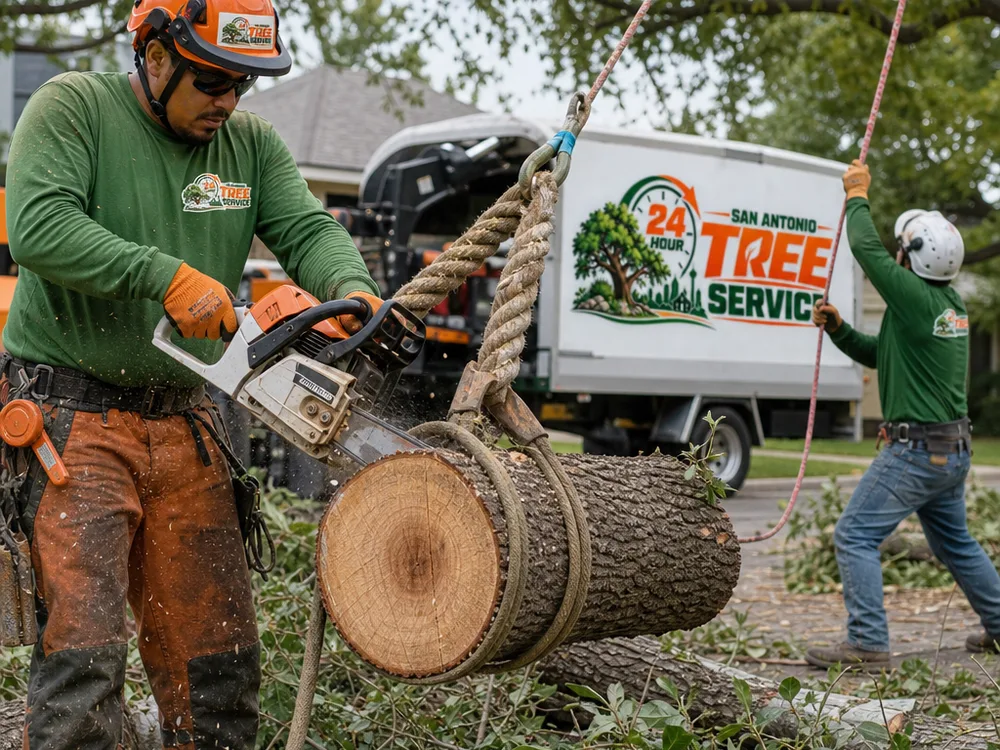 Technician making a controlled face cut on a rigged trunk section while another crew member manages the rope