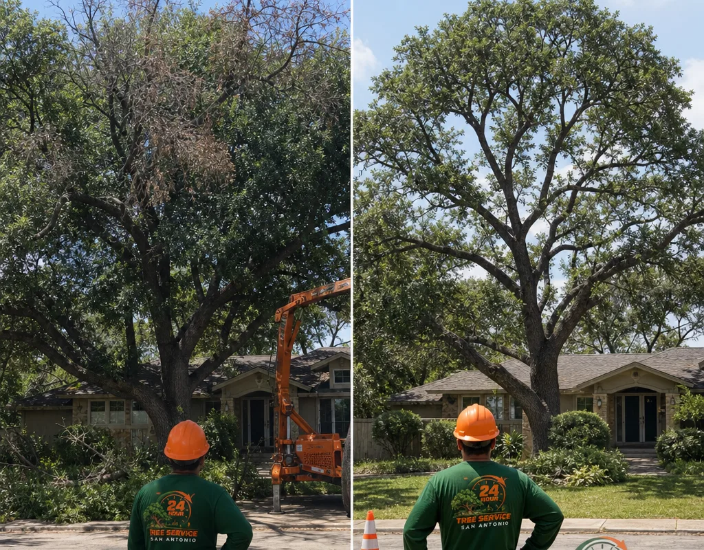 Before-and-after view of a mature tree with deadwood removed and a balanced canopy