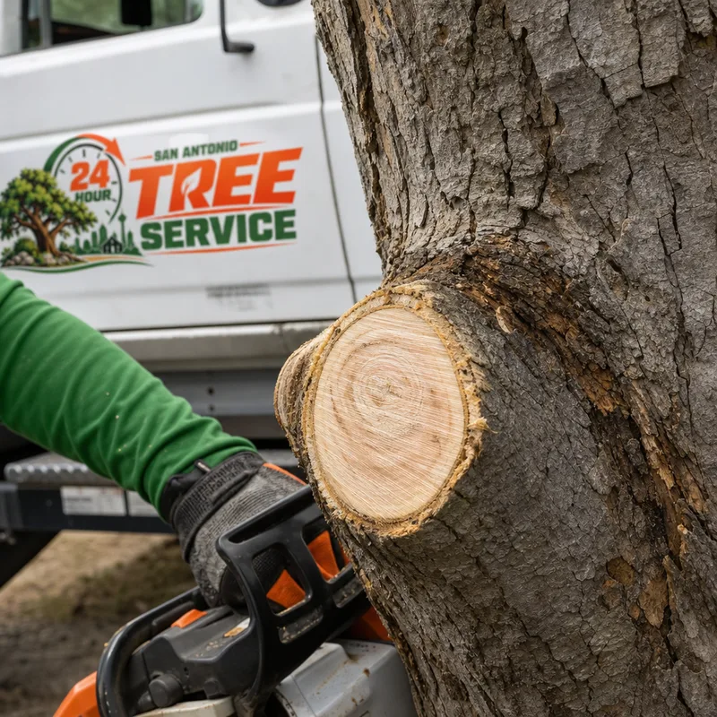 Close-up of a proper pruning cut at the branch collar on a medium limb