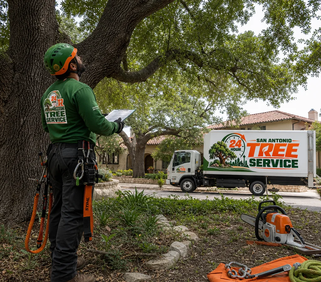 Certified arborist in safety gear assessing a large shade tree in a San Antonio front yard with pruning tools nearby
