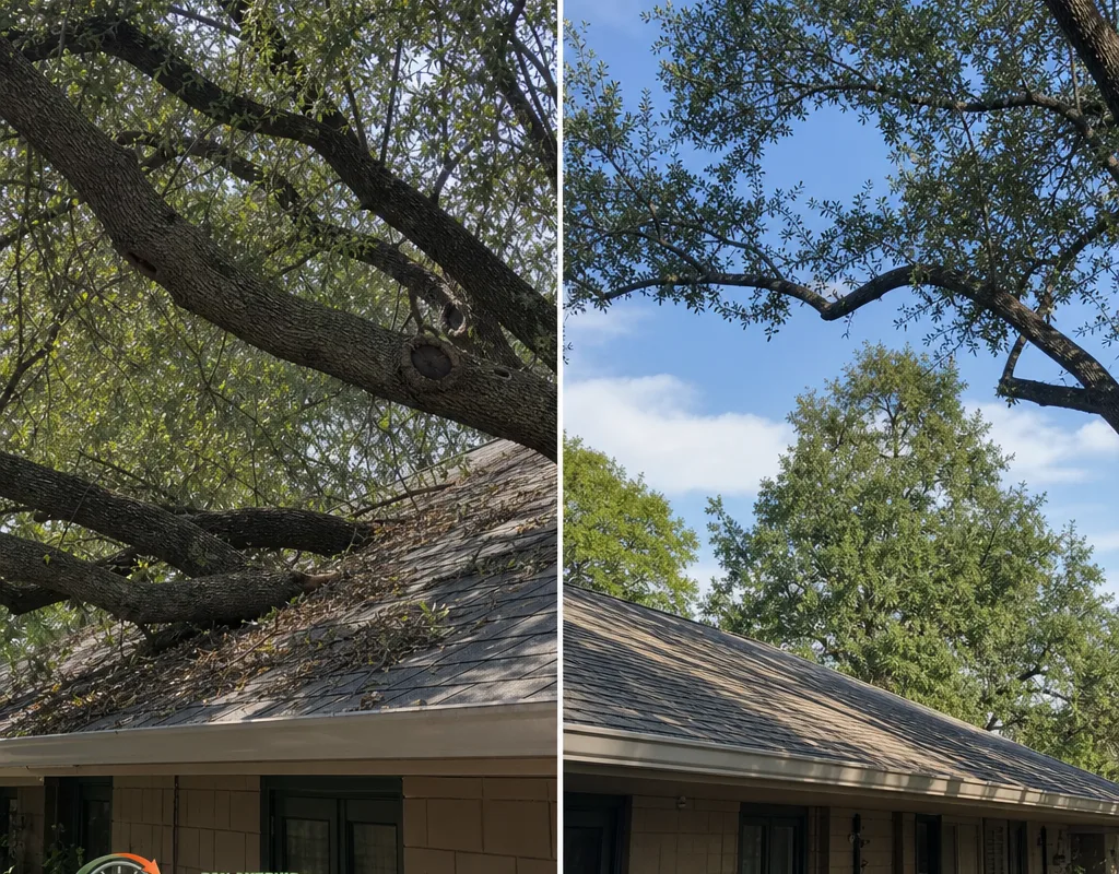 Before and after live oak roofline trimming with balanced canopy clearance and no topping