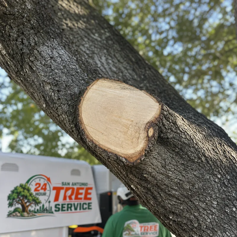 Correct pruning cut just outside the branch collar on a live oak limb
