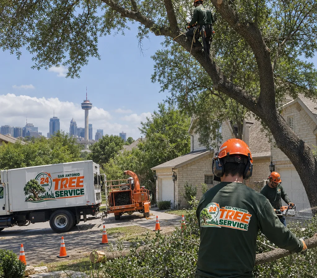 Crew trimming a live oak canopy in a San Antonio residential front yard with cones and proper protective equipment