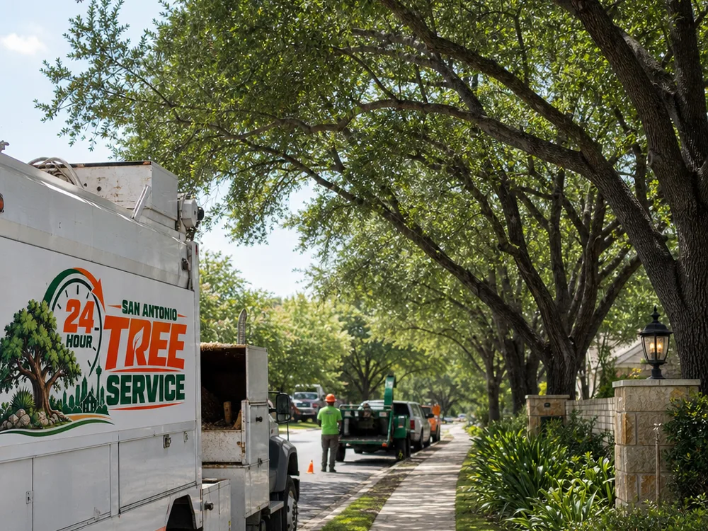 Trimmed residential tree line with raised canopy above a San Antonio sidewalk