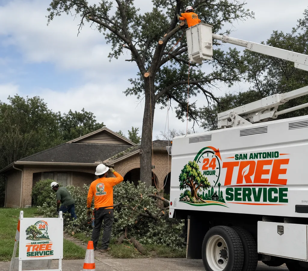 Arborist crew in San Antonio using ropes and a bucket truck to safely cut down a tree near a home