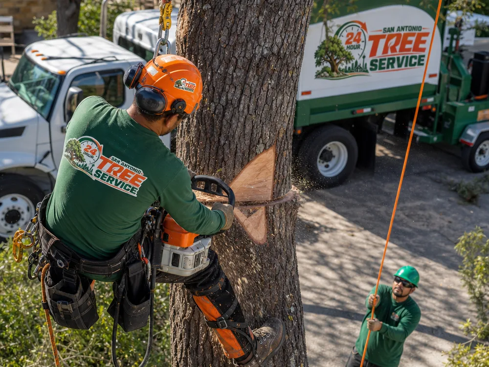 Climber making a notch cut while another crew member controls a rigging line over a driveway