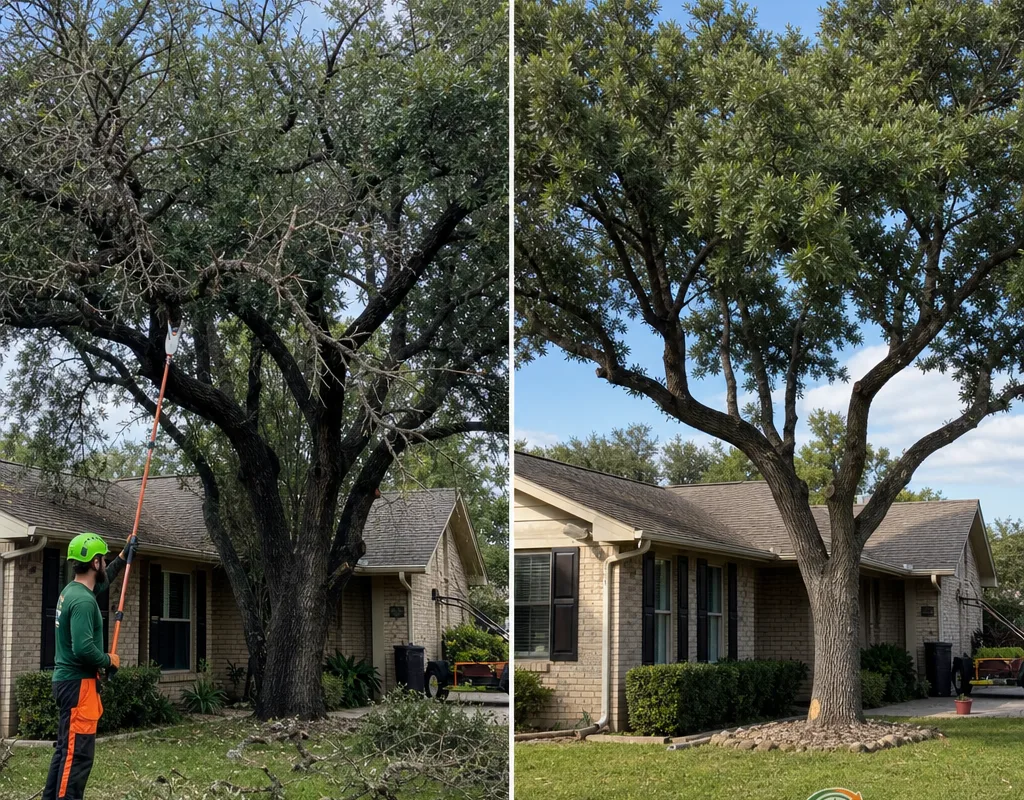Before-and-after view of a shade tree with roofline clearance and deadwood removed while retaining a natural canopy