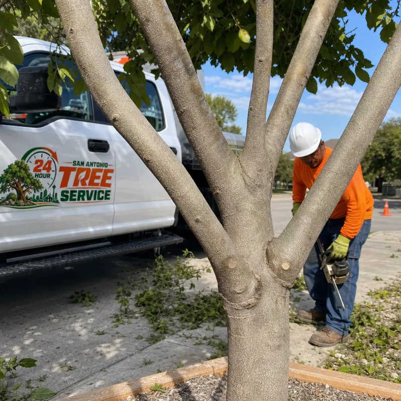 Properly pruned branch unions with good spacing between scaffold limbs on a young tree near a sidewalk