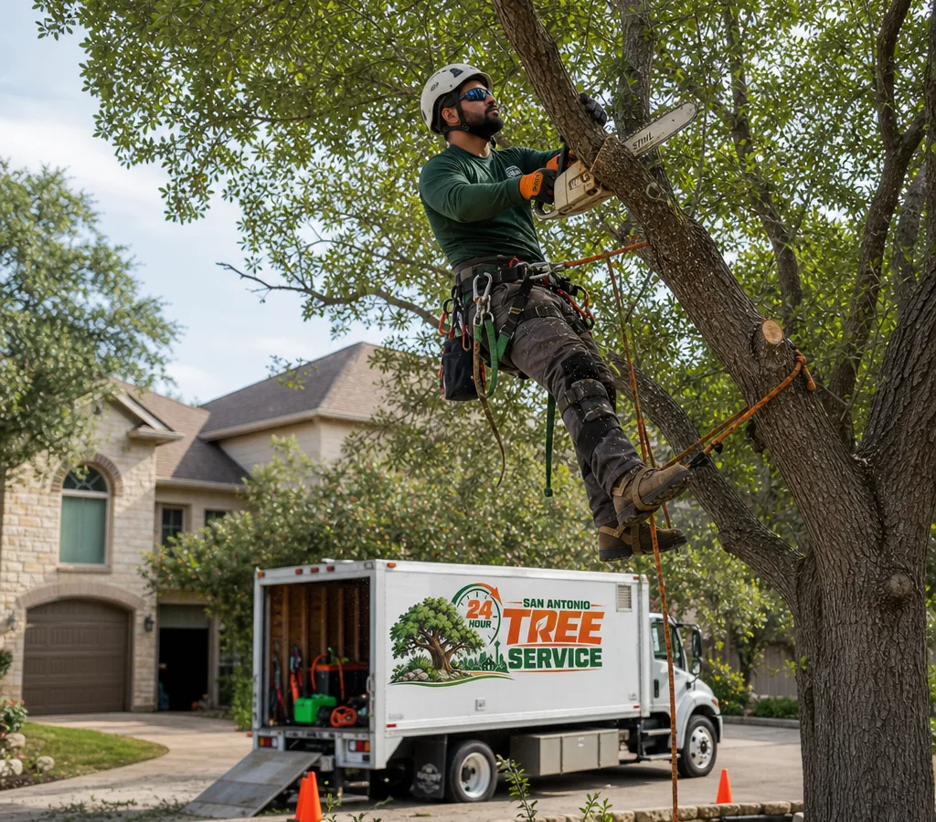 Arborist pruning a mature shade tree in a San Antonio front yard with proper protective equipment and ropes
