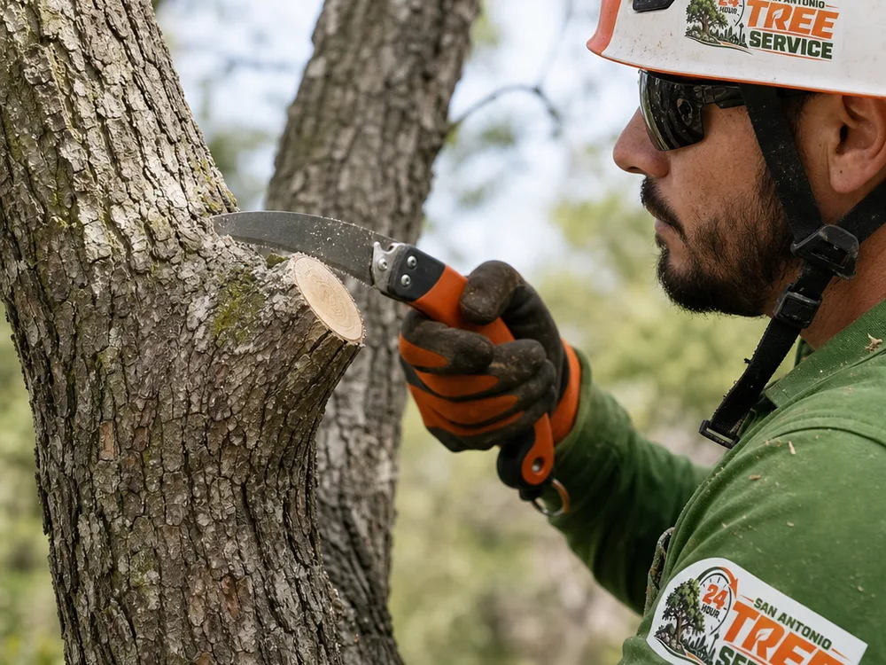 Close-up of a clean pruning cut made at the branch collar without tearing the bark