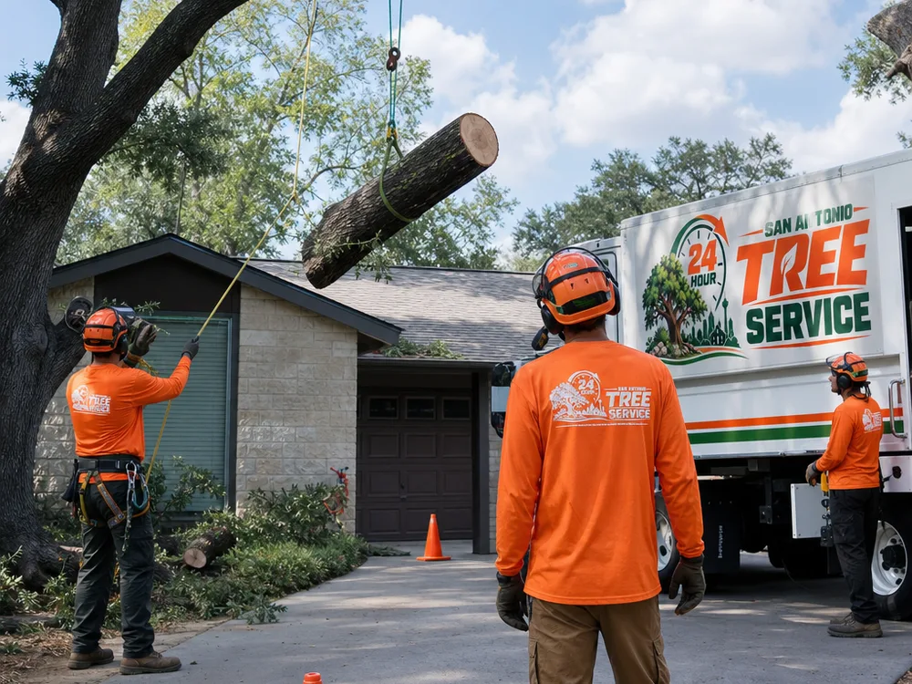 Tree crew lowering a heavy limb with ropes over a driveway with cones and a controlled drop zone