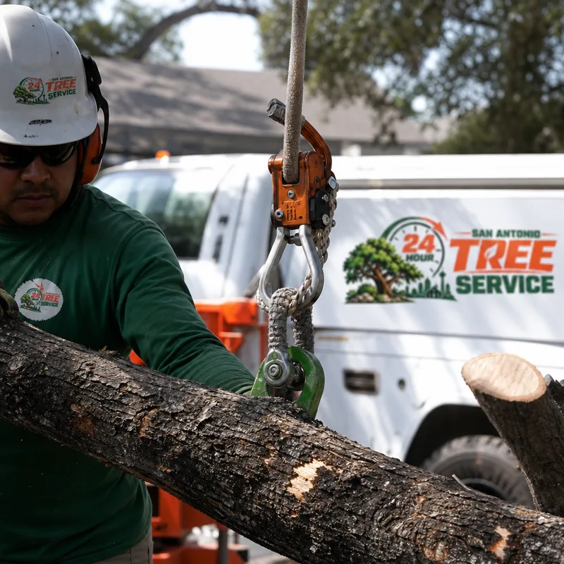 Rigging line and lowering device guiding a large limb to the ground crew