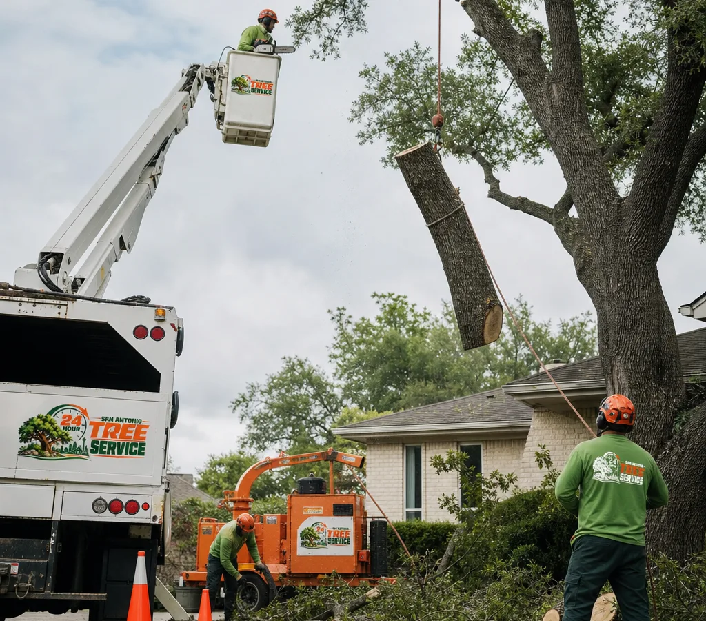 Tree crew in San Antonio using rigging and a bucket truck to dismantle a large tree beside a home