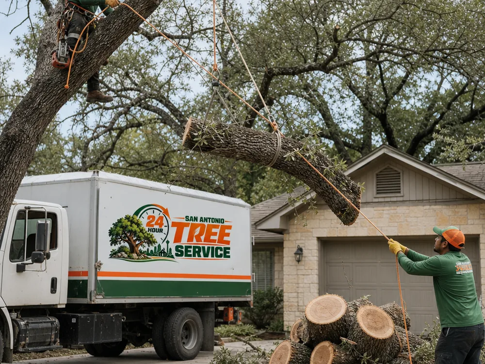 Climber and ground crew lowering a heavy tree limb over a driveway