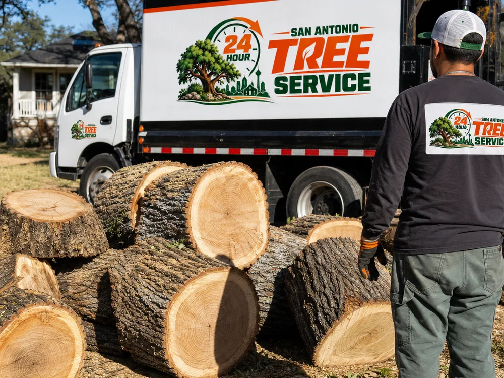 Large trunk rounds staged safely beside a truck after completed removal