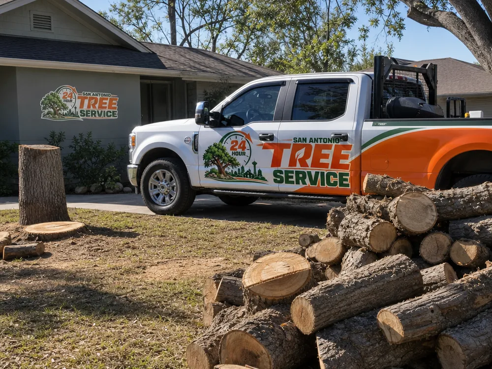 Clean raked yard after tree removal with rounds staged for haul-off
