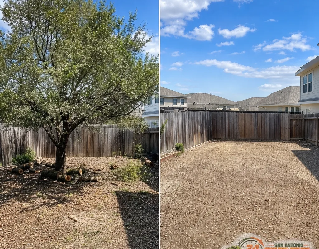 Before-and-after view of a medium tree removed from a small San Antonio backyard with the space cleared and debris hauled away
