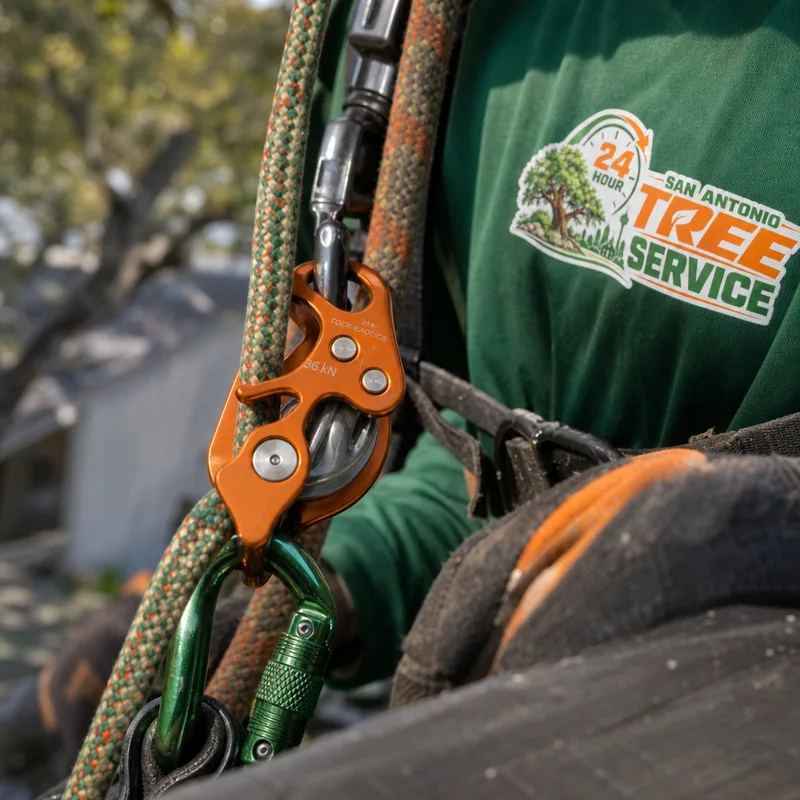 Rigging hardware and rope setup used to lower heavy limbs safely away from a roof edge during sectional tree removal