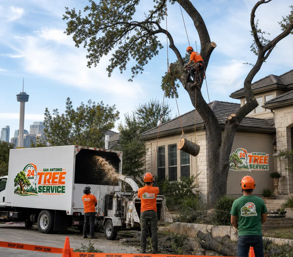 Tree crew performing a controlled sectional removal with ropes beside a San Antonio home, with chips directed into a truck and a marked drop zone