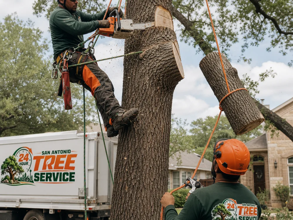Climber making a notch cut while a ground worker manages rigging rope and a lowering device for controlled tree removal