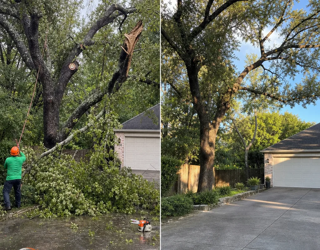 Before and after view of a storm-damaged tree canopy cleared above a driveway