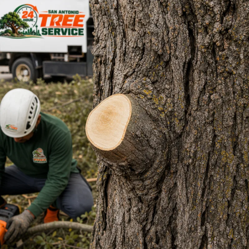 Close view of a clean pruning cut made correctly at the branch collar