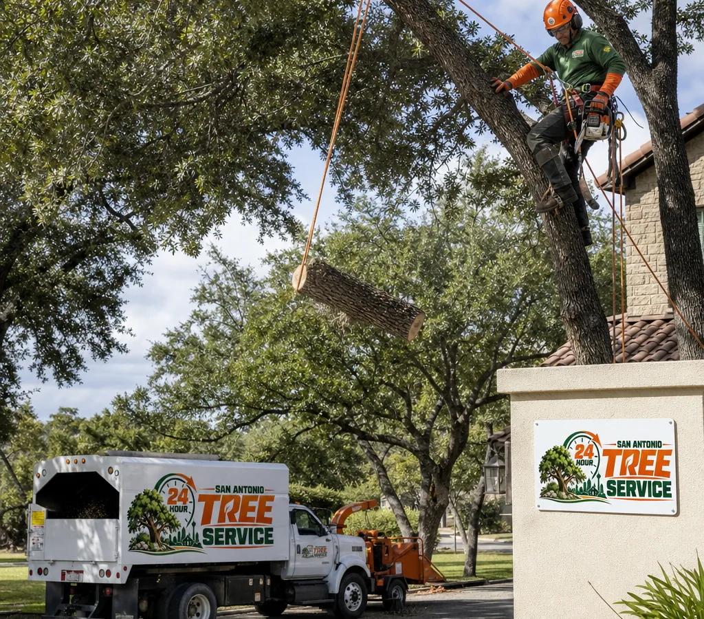 Tree surgeon performing a controlled limb removal with ropes beside a San Antonio home