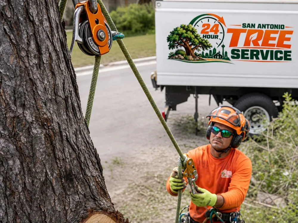 Rope rigging block and lowering line used to control a cut tree limb