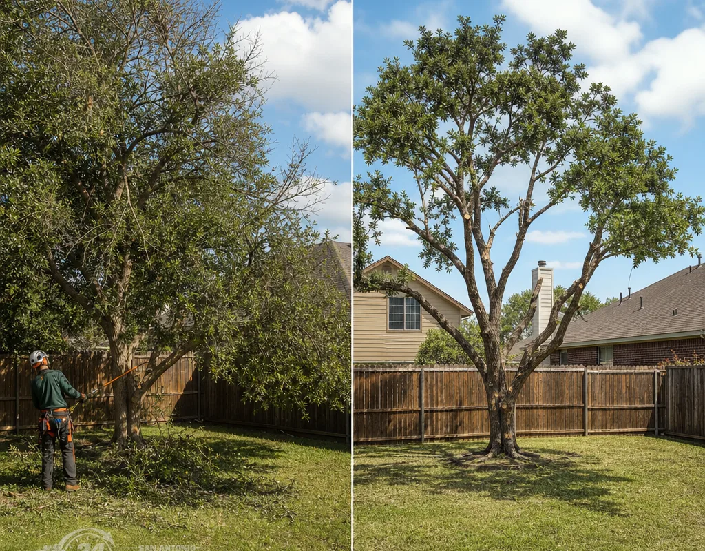 Before-and-after view of hazardous backyard tree overhang reduced with deadwood removed while preserving canopy balance