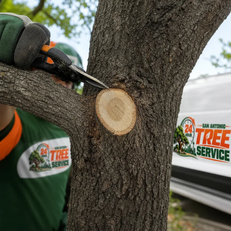 Close-up of a clean pruning cut at the branch collar with minimal bark tearing