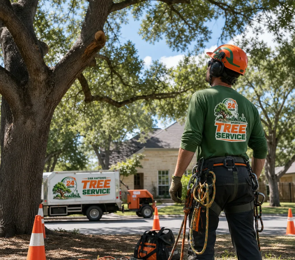 Arborist in protective equipment assessing a mature tree near a San Antonio home with rigging gear and a marked work zone
