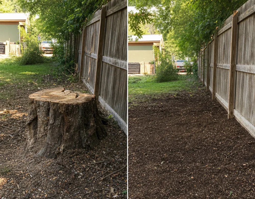 Split-frame showing a large stump near a fence line before grinding and the same spot after grinding and raking, ready for soil or mulch
