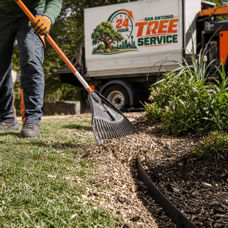 Close detail of stump grindings being raked and collected at the edge of a lawn to prevent chips scattering into beds or walkways