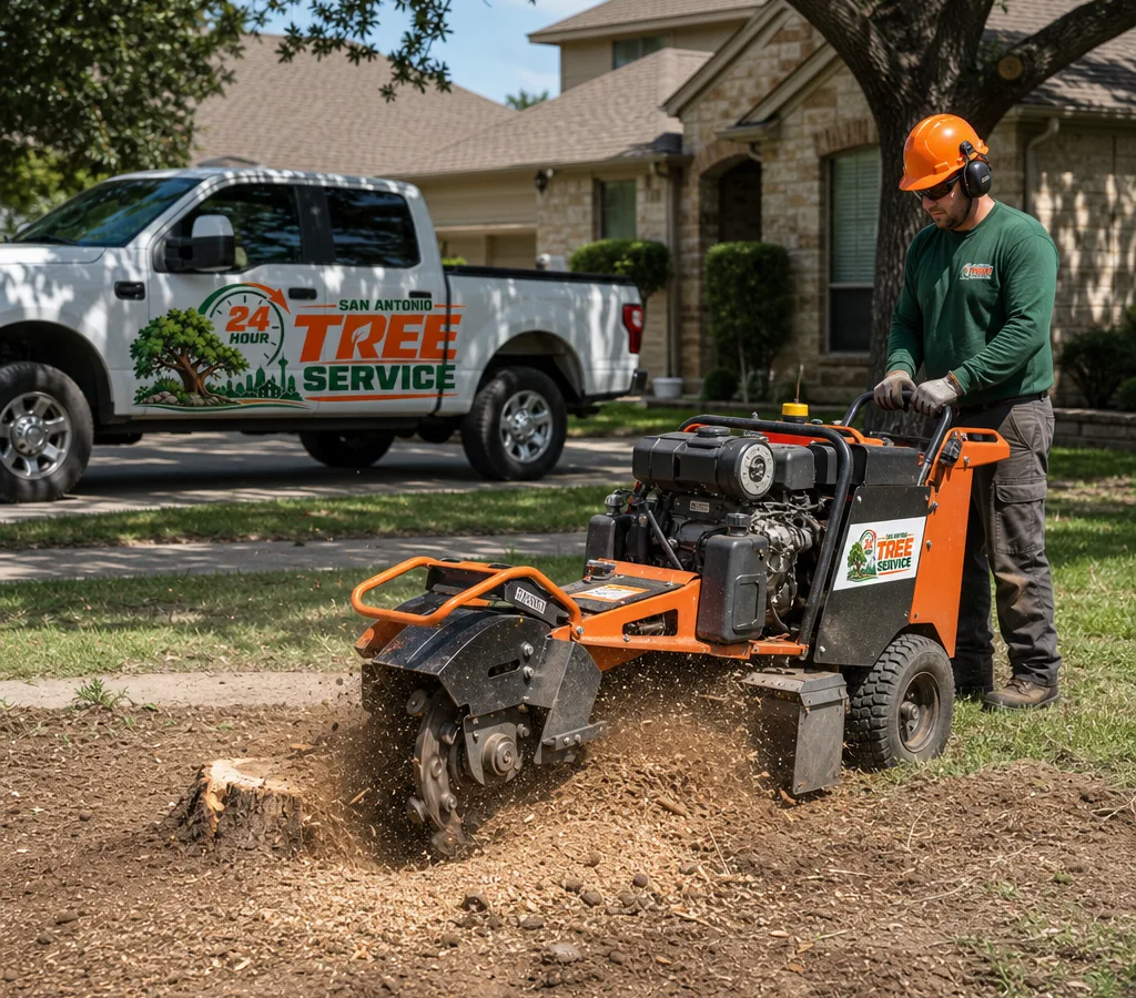 A stump grinder in a residential San Antonio yard reducing a fresh-cut stump below grade with controlled debris and a technician in proper PPE