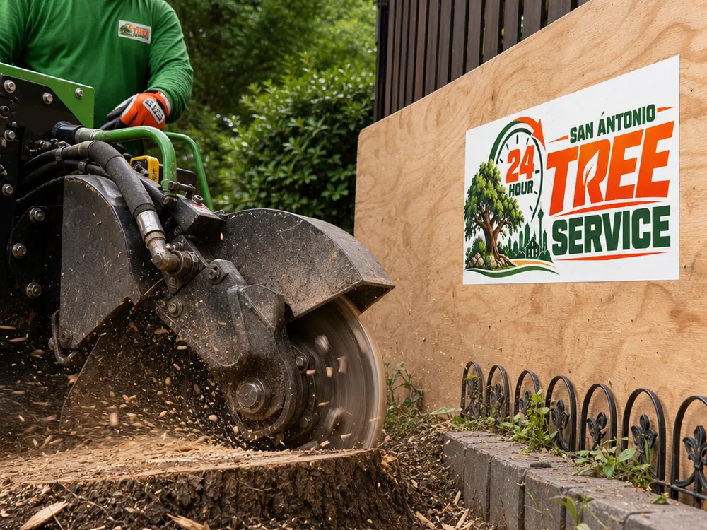 Close-up of a stump grinder wheel cutting a stump below grade with a plywood shield protecting nearby fence and landscape edging
