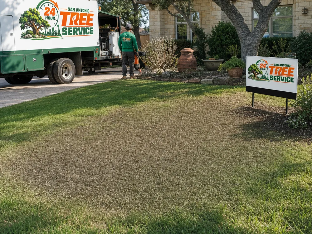 A clean, level grind area in a front yard with chips removed and the surface dressed to blend into the surrounding lawn