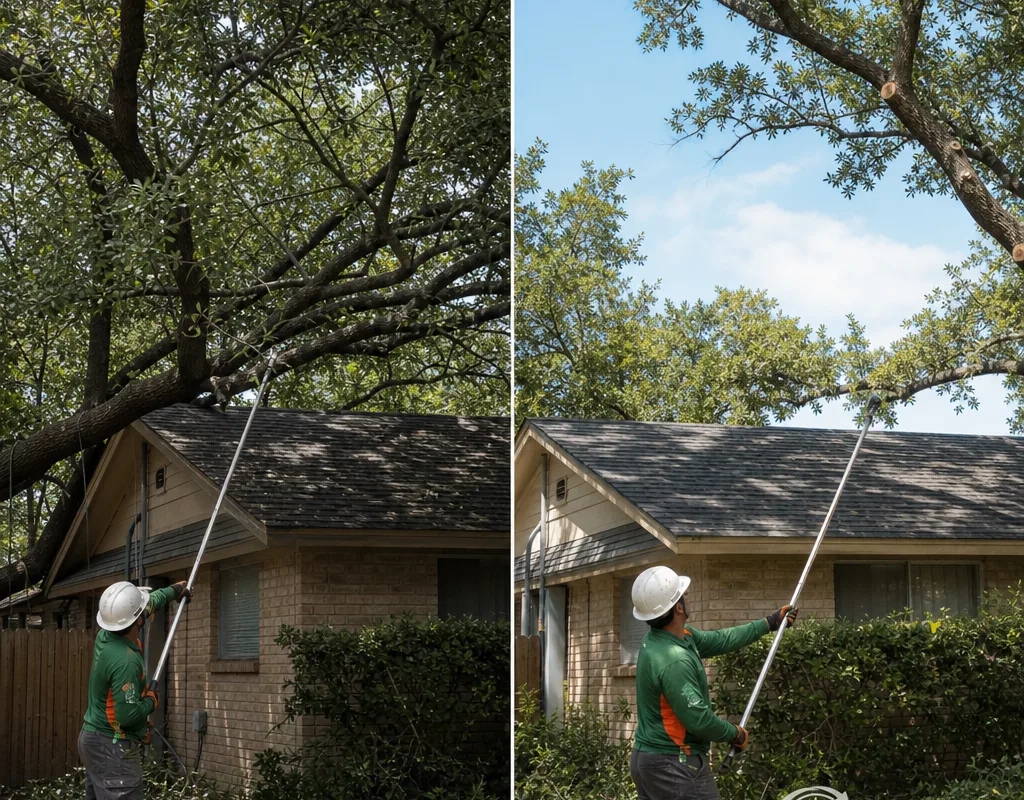 Before-and-after comparison showing crowded crossing limbs over a roofline and improved clearance after balanced structural pruning