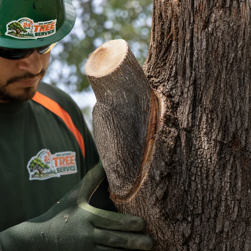Close-up of a clean pruning cut placed correctly at the branch collar without flush cutting