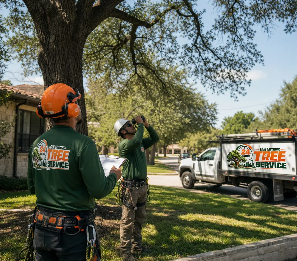Certified arborist crew in PPE inspecting a mature live oak in a San Antonio front yard with a clipboard and binoculars, with a work truck staged safely in the background