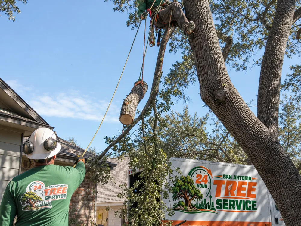 Arborist in a harness performing controlled rigging and limb lowering beside a house while a ground crew manages the lowering line