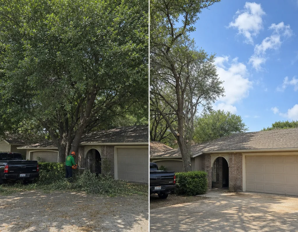 Before and after view of an overgrown canopy selectively pruned away from a driveway and roofline