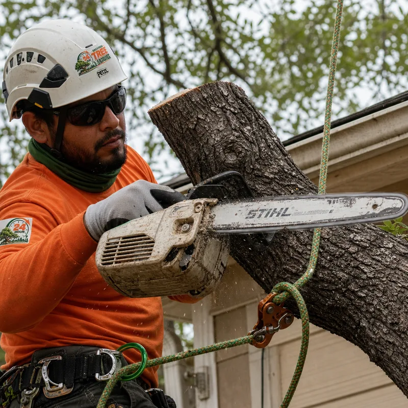 Climber making a correct pruning cut with a rope line near a residential roof edge