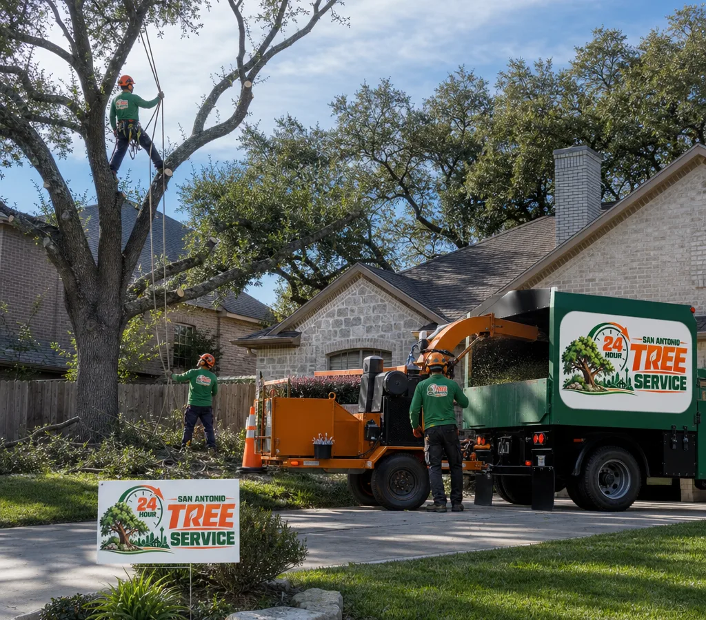 Crew performing safe tree work with ropes and a chipper in a San Antonio residential yard