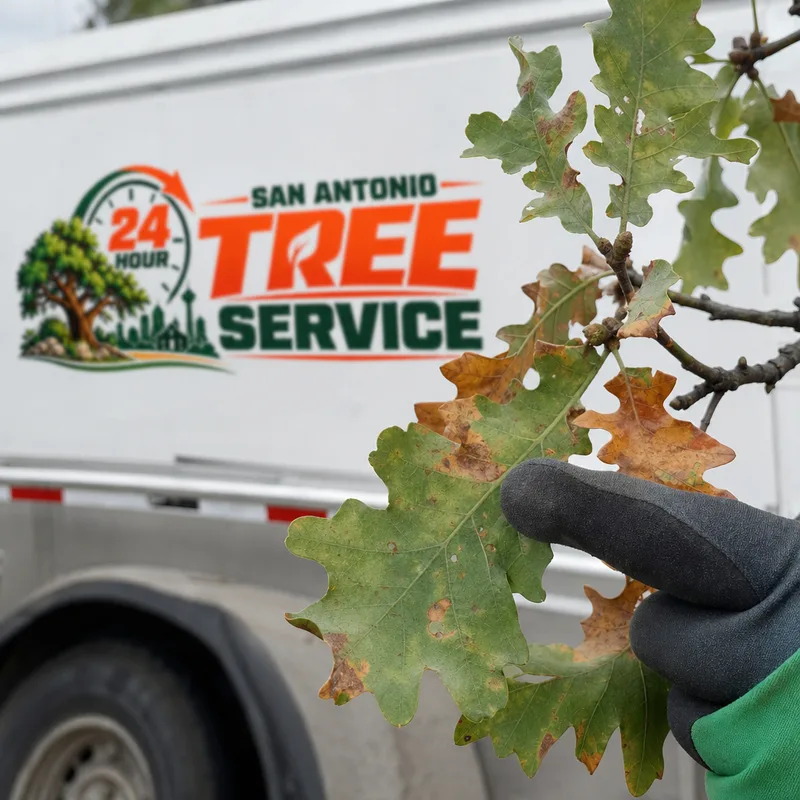 Arborist pointing to browning and bronzing oak leaves during an oak wilt inspection